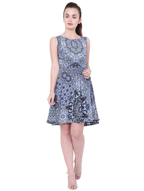 dark blue rayon printed fit and flare dress - 15006139 - Very Small Image - 1