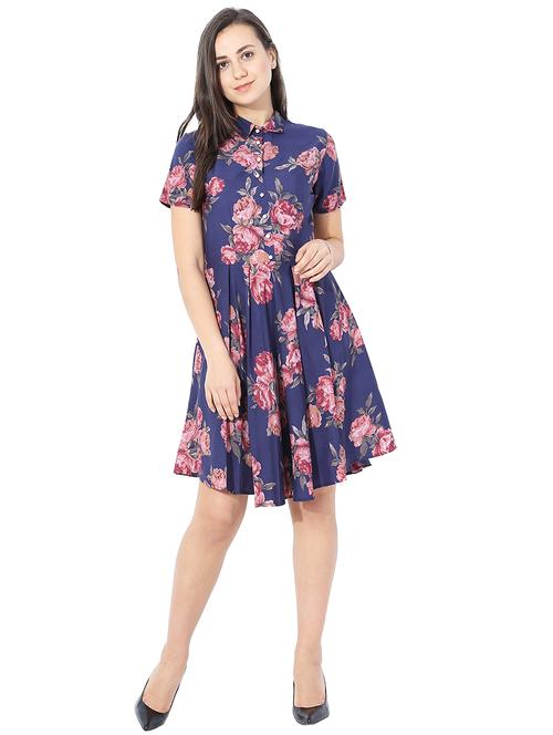 dark blue floral fit and flare dress - 15006141 - Very Small Image - 1