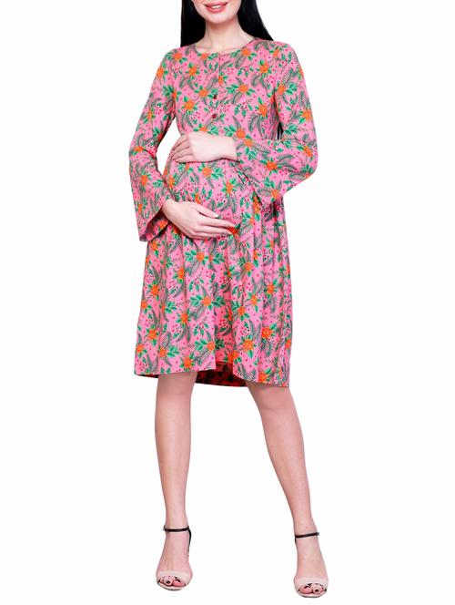 pink printed jersey maternity wear dress - 15006997 - Very Small Image - 1