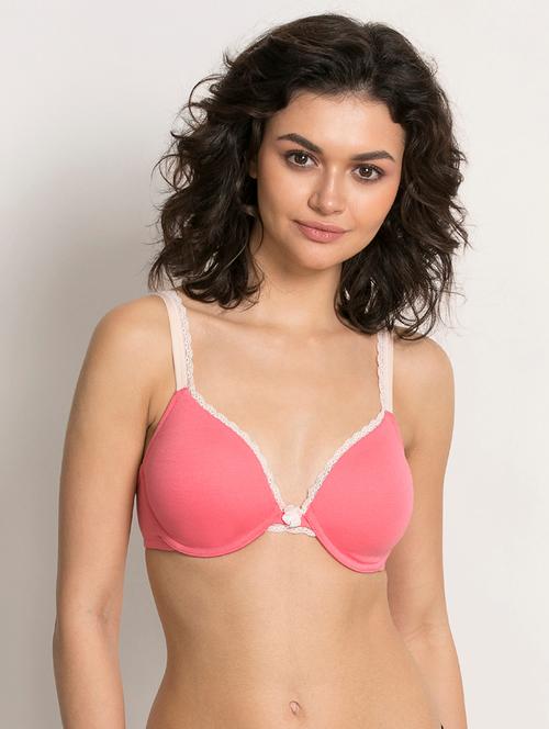 pink cotton solid plunge bra - 15008076 - Very Small Image - 1