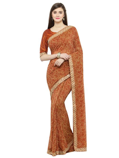 brown georgette printed saree - 15008944 - Very Small Image - 1