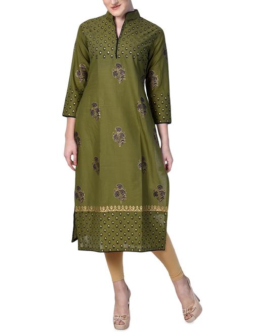 mehandi cotton straight kurta - 15009369 - Very Small Image - 1