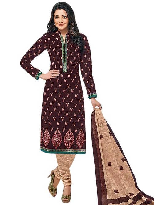 maroon printed unstitched churidaar suit - 15009959 - Very Small Image - 1