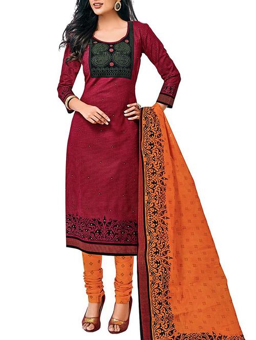 red churidaar suit unstitched suit - 15009968 - Very Small Image - 1