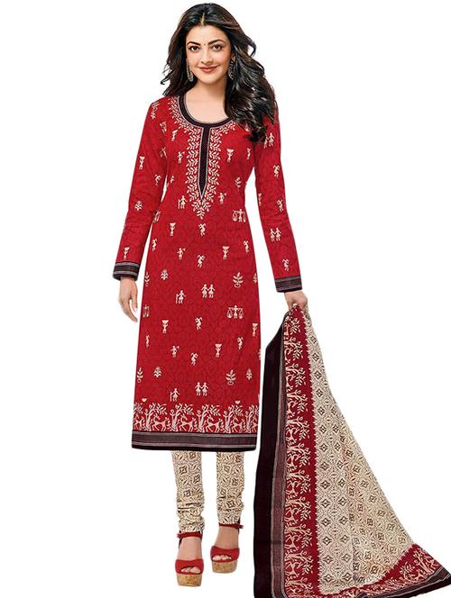 red embroidered unstitched churidaar suit - 15010113 - Very Small Image - 1