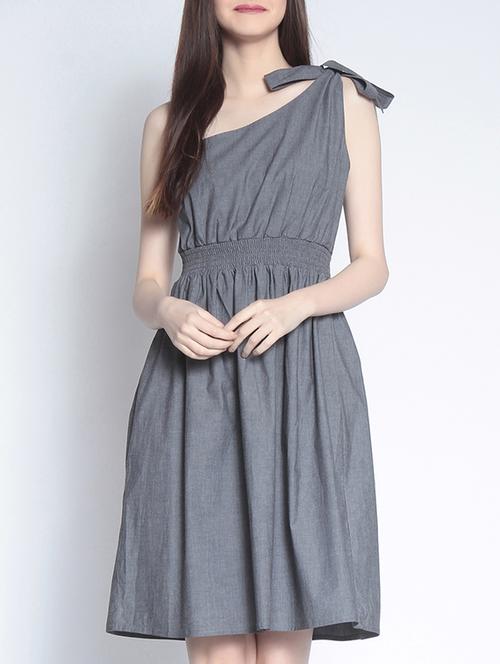 solid grey cotton single shoulder dress - 15011308 - Very Small Image - 1