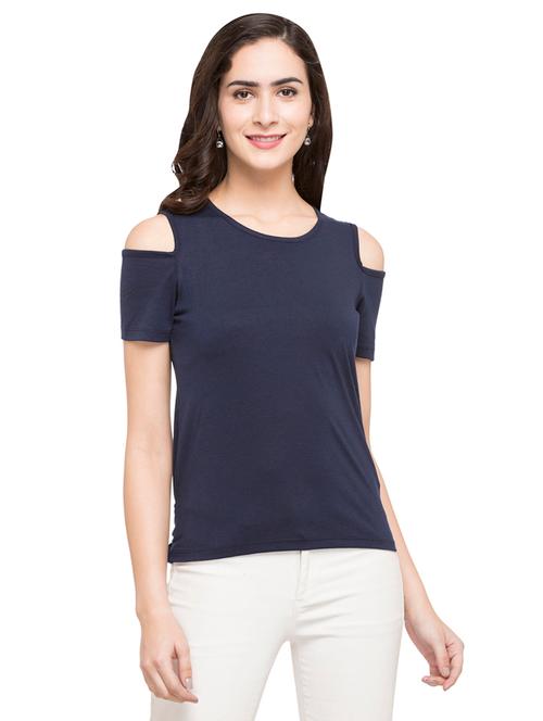 navy blue solid cold shoulder top - 15014966 - Very Small Image - 1