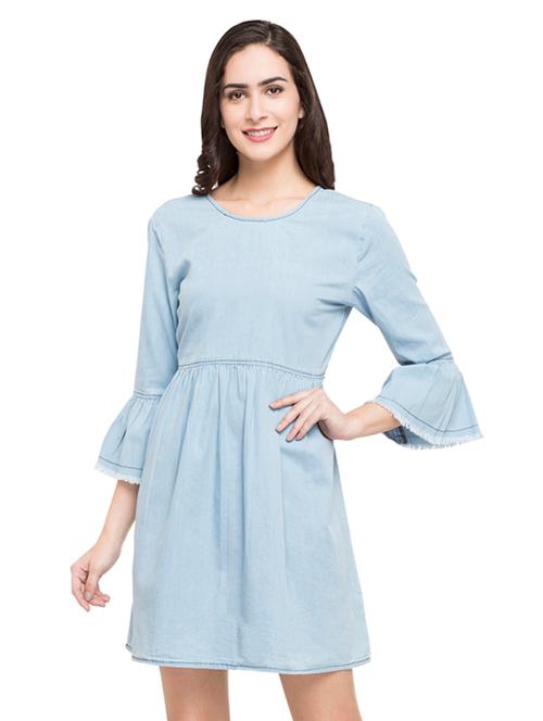 light blue solid cotton fit & flare dress - 15015039 - Very Small Image - 1