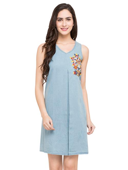 light blue cotton solid a-line dress - 15015041 - Very Small Image - 1