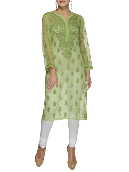 ada green georgette straight chikankari kurta - 15015559 - Very Small Image - 1