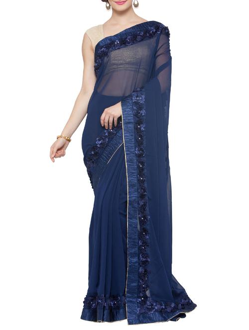 blue georgette bordered saree with blouse - 15016842 - Very Small Image - 1