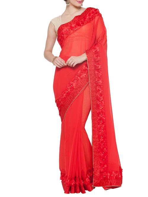 red georgette bordered saree with blouse - 15016844 - Very Small Image - 1
