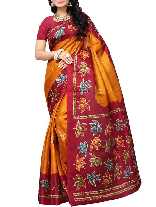 leaf bordered printed saree with blouse - 15016975 - Very Small Image - 1