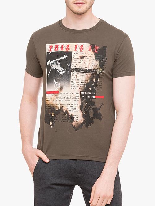 olive green cotton blend front print t-shirt - 15017287 - Very Small Image - 1