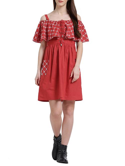 red cotton embroidered a-line dress - 15019192 - Very Small Image - 1