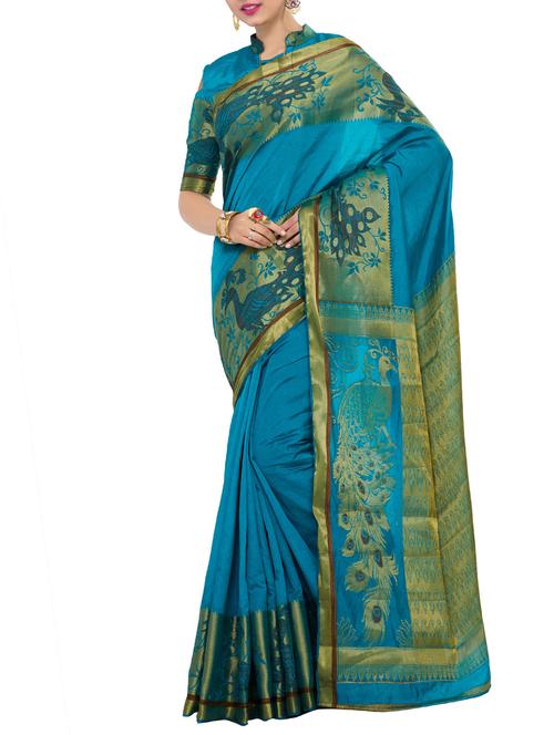 turquoise art silk woven saree with blouse - 15019326 - Very Small Image - 1