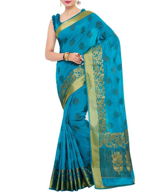 turquoise art silk woven saree with blouse - 15019338 - Very Small Image - 1