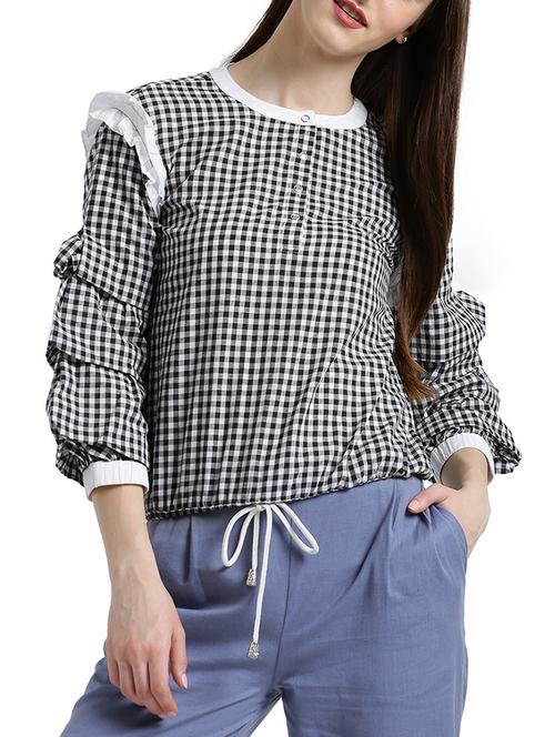 frill trim checkered blouson top - 15019686 - Very Small Image - 1
