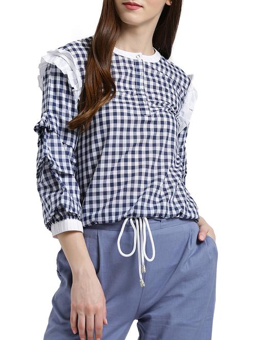 blue cotton checkered blouson top - 15019687 - Very Small Image - 1