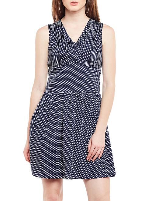 navy blue polka doted fit & flare dress - 15020100 - Very Small Image - 1