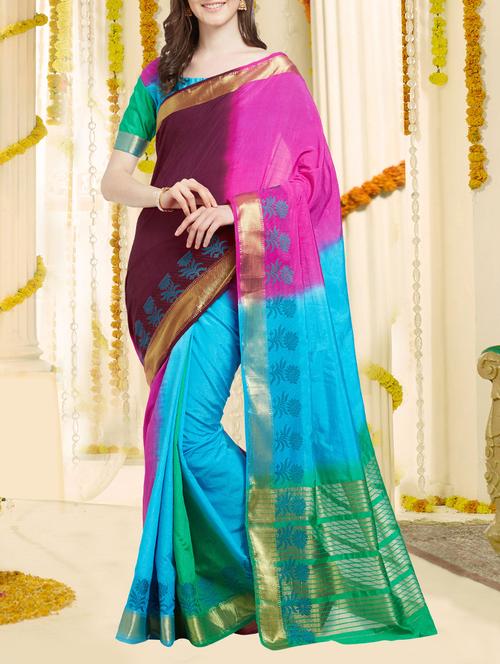 delicate golden border color block saree with blouse - 15020136 - Very Small Image - 1