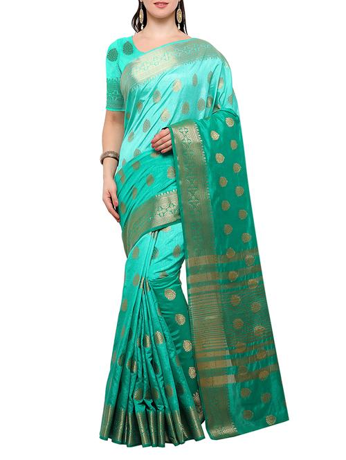 turquoise banarasi silk saree with blouse - 15023144 - Very Small Image - 1