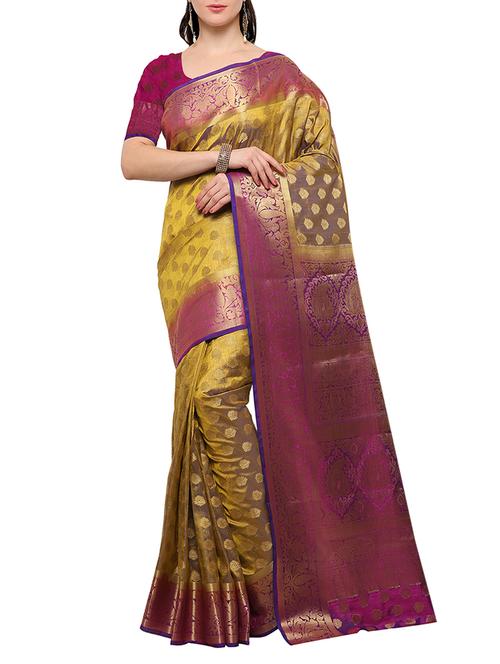 olive green banarasi silk saree with blouse - 15023150 - Very Small Image - 1