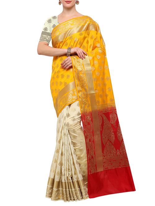 yellow banarasi silk saree with blouse - 15023153 - Very Small Image - 1