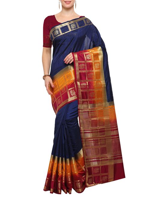 navy blue silk bordered saree with blouse - 15023166 - Very Small Image - 1