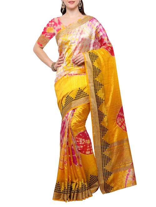mustard silk blend tie & dye saree with blouse - 15023172 - Very Small Image - 1