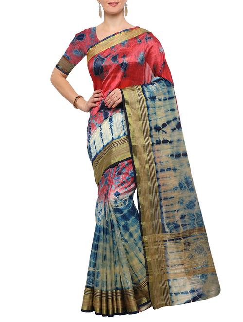 pink silk blend tie & dye saree with blouse - 15023174 - Very Small Image - 1