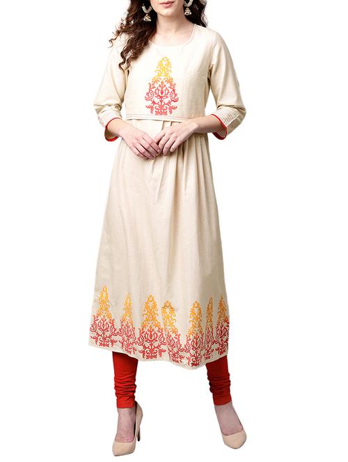 cream cotton aline kurta - 15023854 - Very Small Image - 1