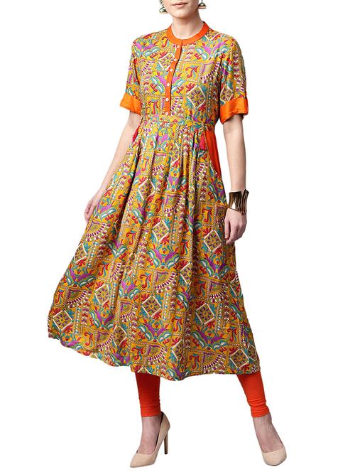 yellow viscose aline kurta - 15023875 - Very Small Image - 1