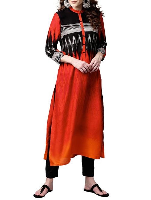 orange rayon straight kurta - 15023879 - Very Small Image - 1