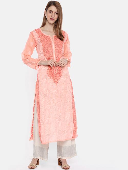 ada hand embroidered peach cotton chikankari straight kurta - 15024846 - Very Small Image - 1