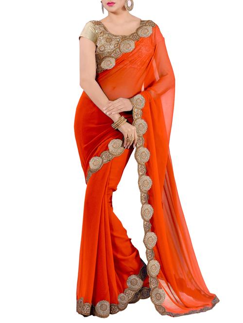 orange georgette bordered saree with blouse - 15024959 - Very Small Image - 1
