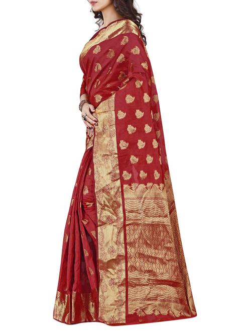 maroon cotton blend woven saree with blouse - 15025710 - Very Small Image - 1