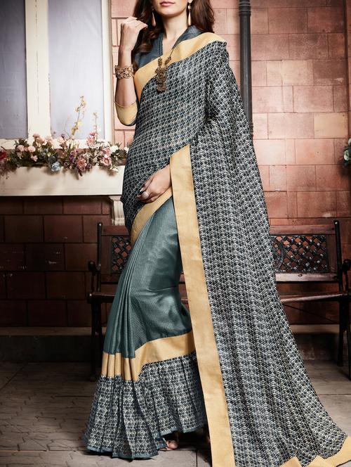 delicate golden border printed saree with blouse - 15026153 - Very Small Image - 1