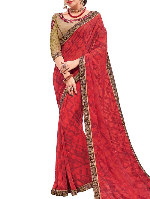 red georgette printed saree with blouse - 15027374 - Very Small Image - 1
