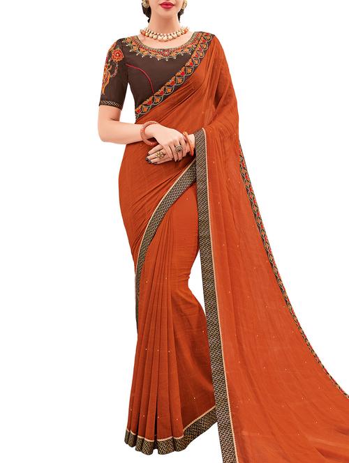 orange georgette printed saree with blouse - 15027376 - Very Small Image - 1