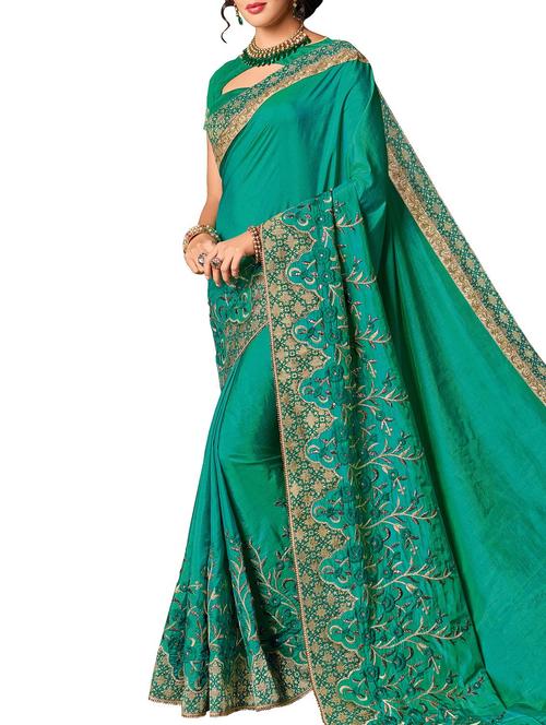 turquoise silk embroidered saree with blouse - 15027379 - Very Small Image - 1