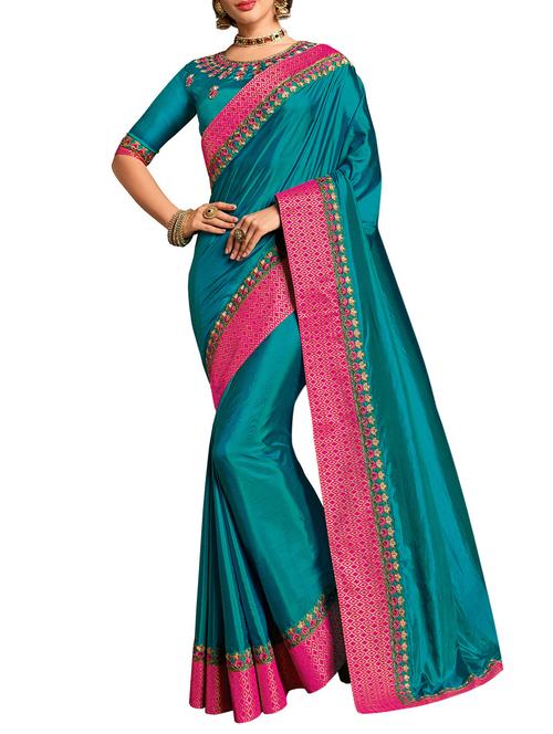 turquoise silk bordered saree with blouse - 15027394 - Very Small Image - 1