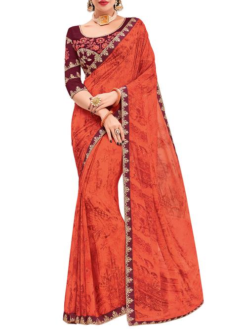 orange georgette printed saree with blouse - 15027400 - Very Small Image - 1