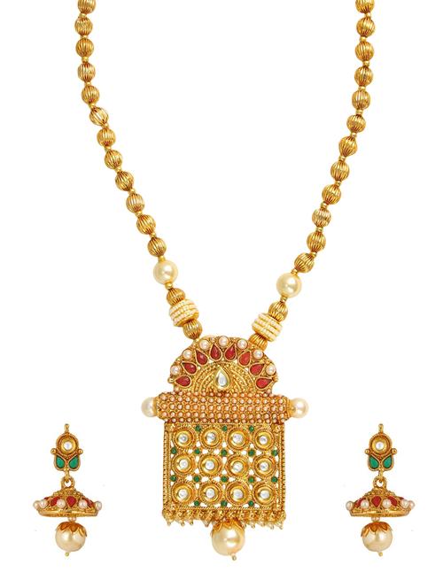 golden colored brass necklace & earrings set - 15028077 - Very Small Image - 1