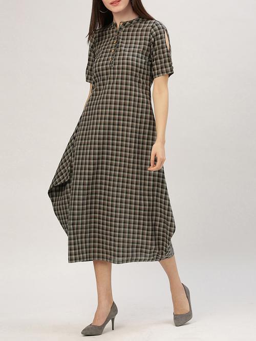 brown checkered cotton a-line dress - 15030291 - Very Small Image - 1