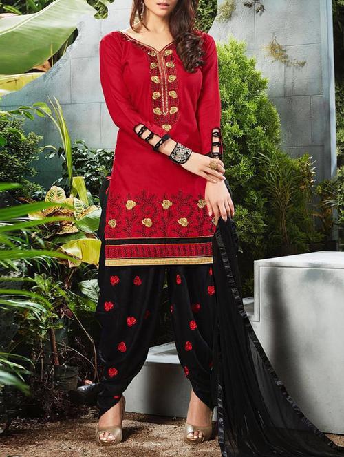 red cotton semistitched suit - 15030481 - Very Small Image - 1