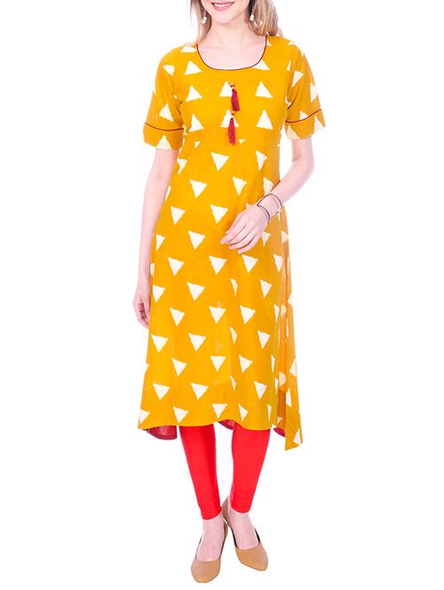 yellow cotton a-line kurta - 15030857 - Very Small Image - 1