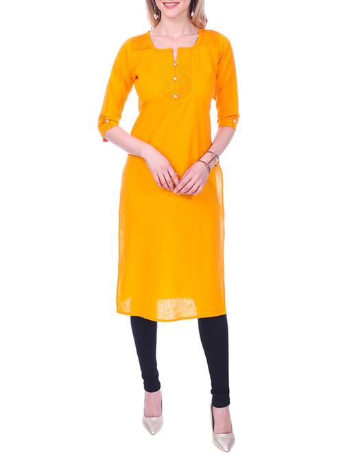 yellow cotton solid kurta - 15030860 - Very Small Image - 1