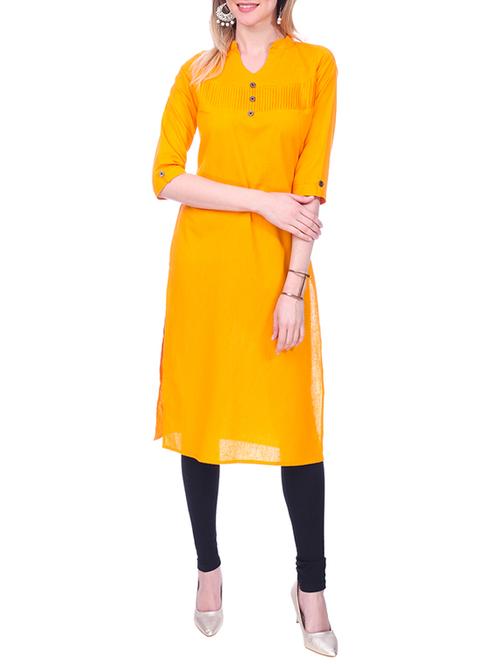 yellow cotton solid kurta - 15030862 - Very Small Image - 1