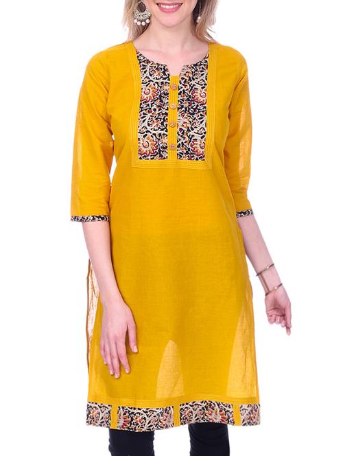 yellow cotton straight kurta - 15030872 - Very Small Image - 1